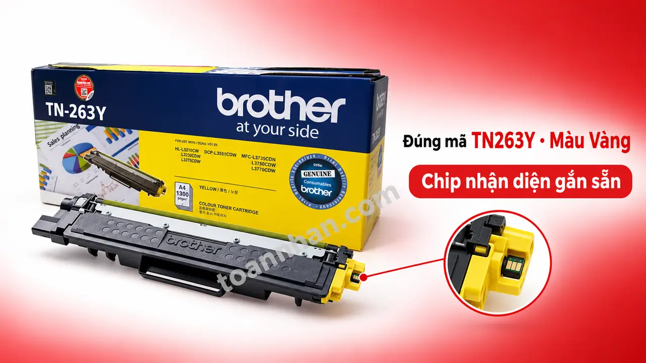 Hộp mực Brother TN263Y chính hãng màu vàng có chip nhận diện gắn sẵn