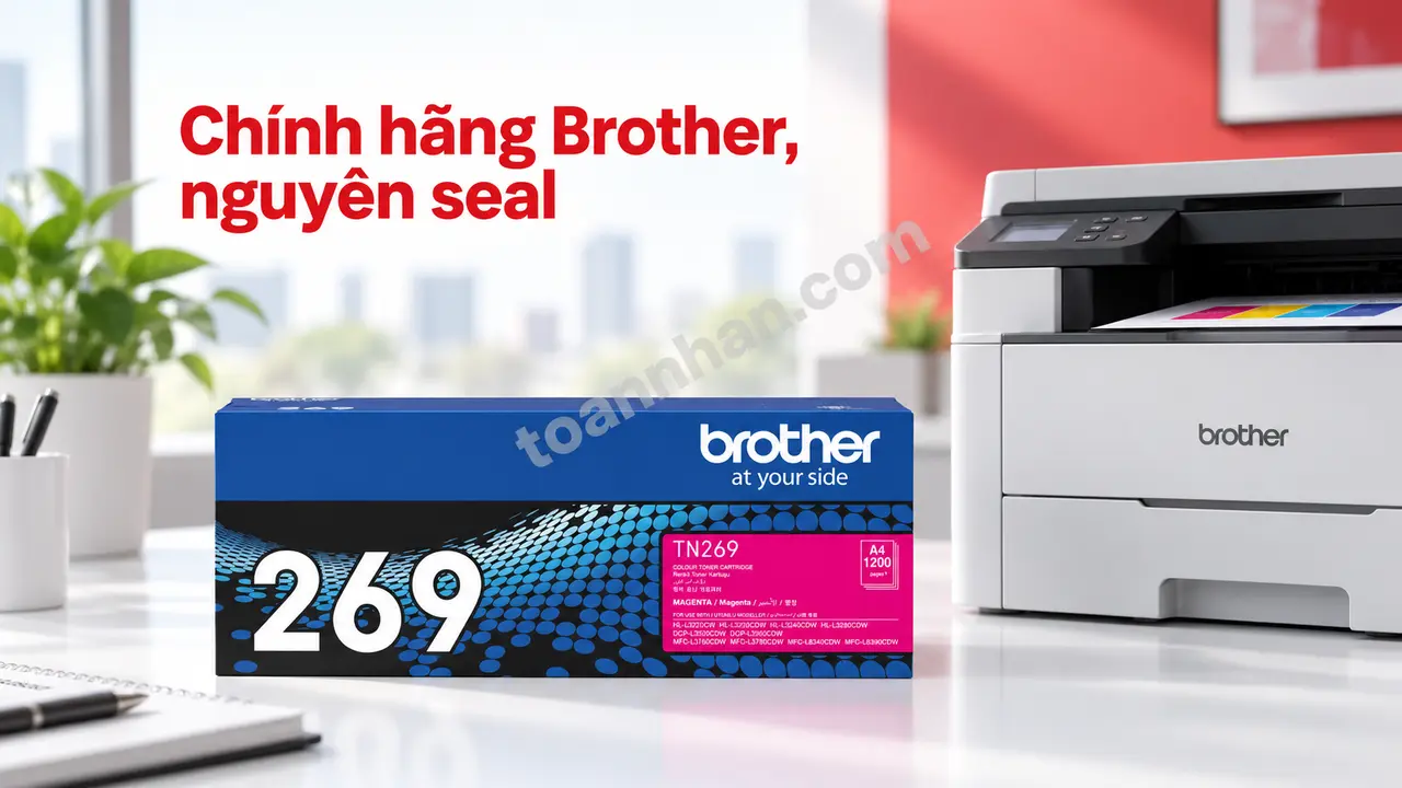 Hộp mực Brother TN269M chính hãng màu hồng nguyên seal cạnh máy in tương thích