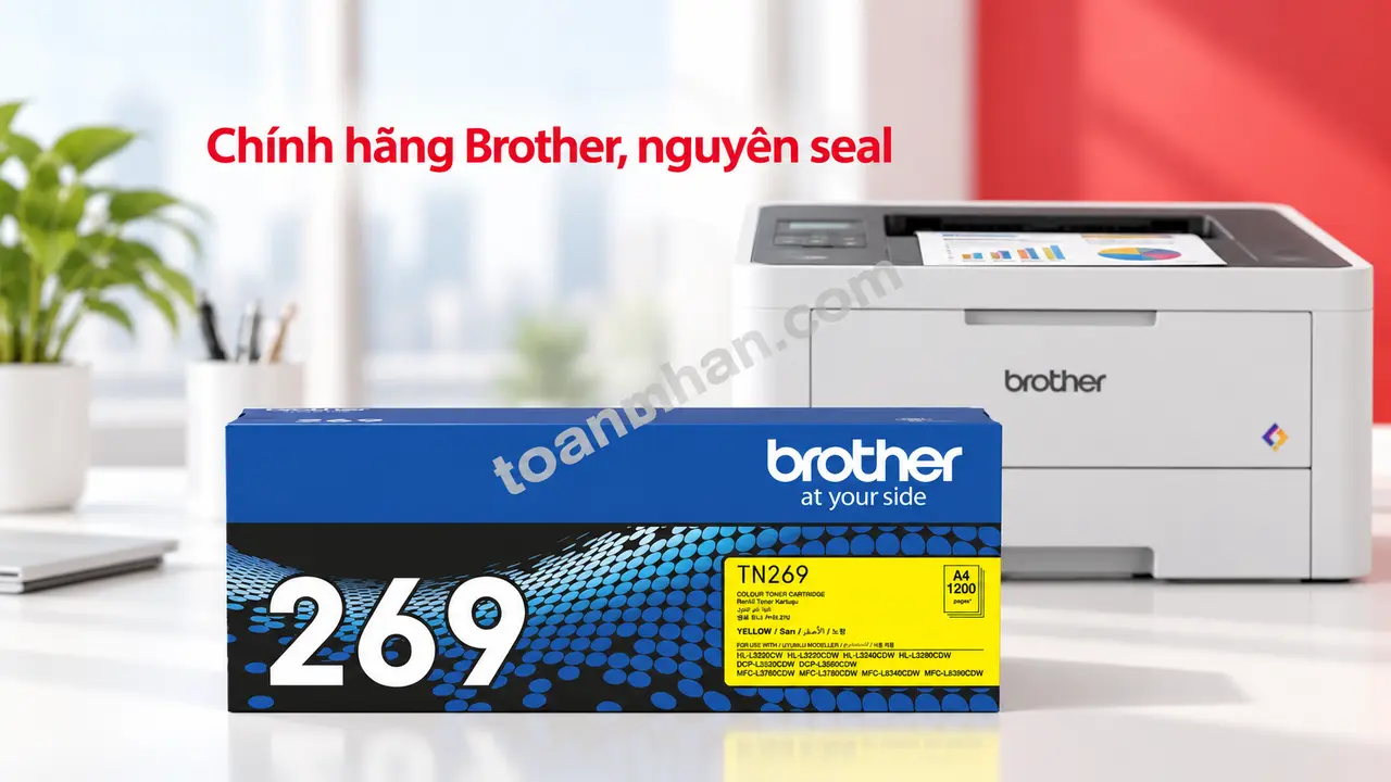 Hộp mực Brother TN269Y chính hãng màu vàng nguyên seal cạnh máy in tương thích