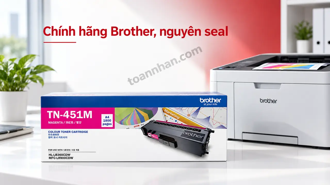 Hộp mực Brother TN451M chính hãng màu hồng nguyên seal cạnh máy in tương thích