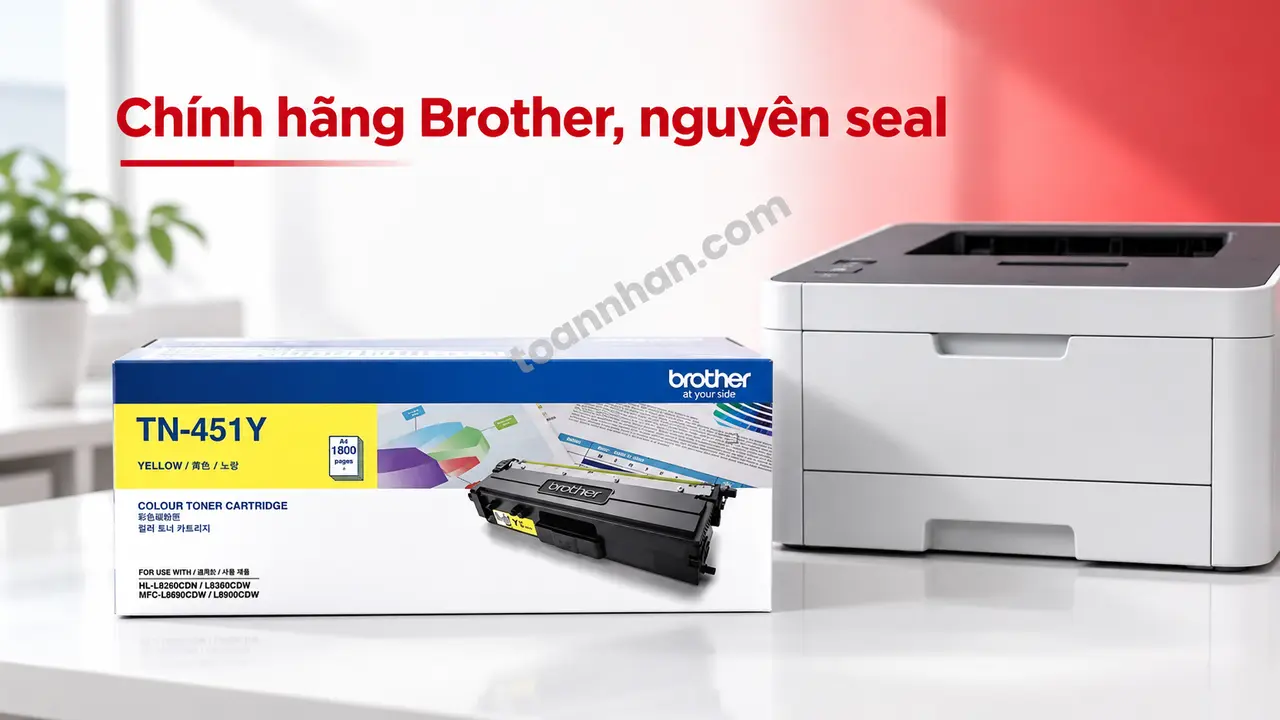Hộp mực Brother TN451Y chính hãng màu vàng nguyên seal cạnh máy in tương thích