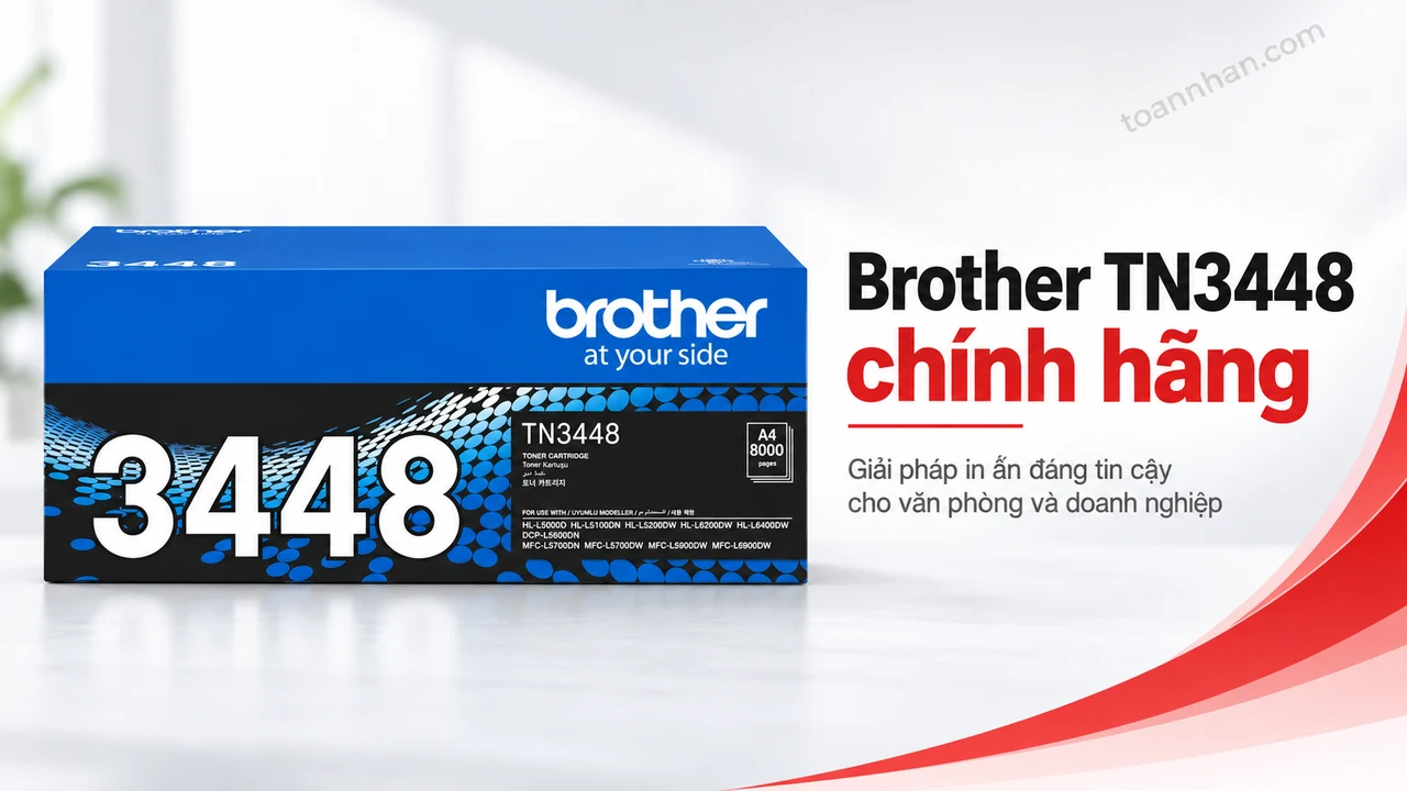 Hộp mực Brother TN3448 trên nền trắng với điểm nhấn đỏ