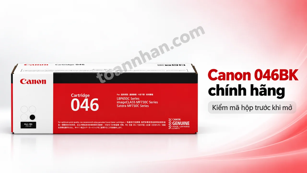Hộp mực Canon Cartridge 046 màu đen chính hãng, mã hộp và nhãn Canon hiển thị trên vỏ