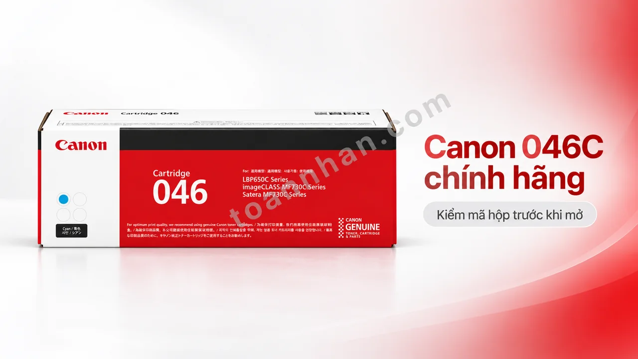 Hộp mực Canon Cartridge 046 màu xanh Cyan chính hãng, nhãn Canon và mã 046 trên vỏ hộp