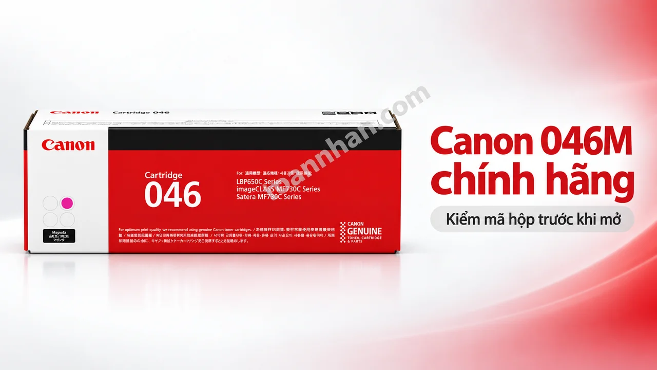 Hộp mực Canon Cartridge 046 màu hồng Magenta chính hãng, nhãn Canon và mã 046 trên vỏ hộp
