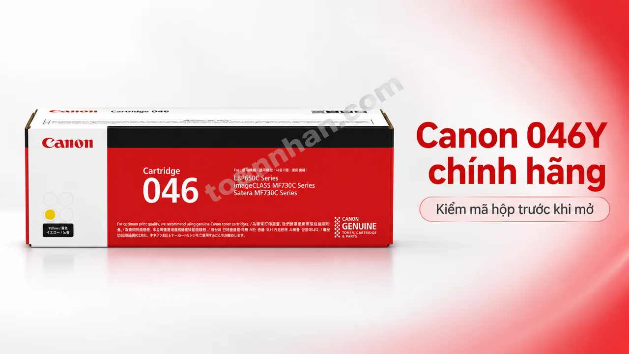 Hộp mực Canon Cartridge 046 màu vàng Yellow chính hãng, nhãn Canon và mã 046 trên vỏ hộp
