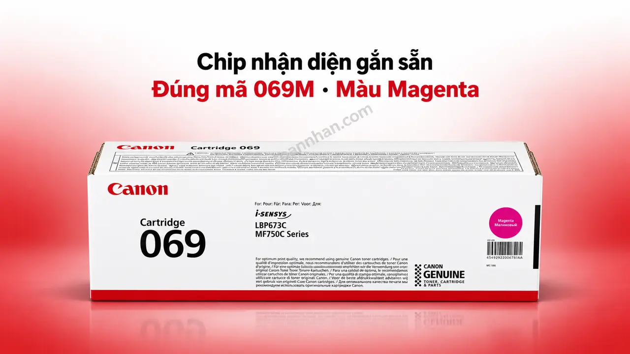 Hộp mực Canon 069M chính hãng màu Magenta có chip nhận diện gắn sẵn