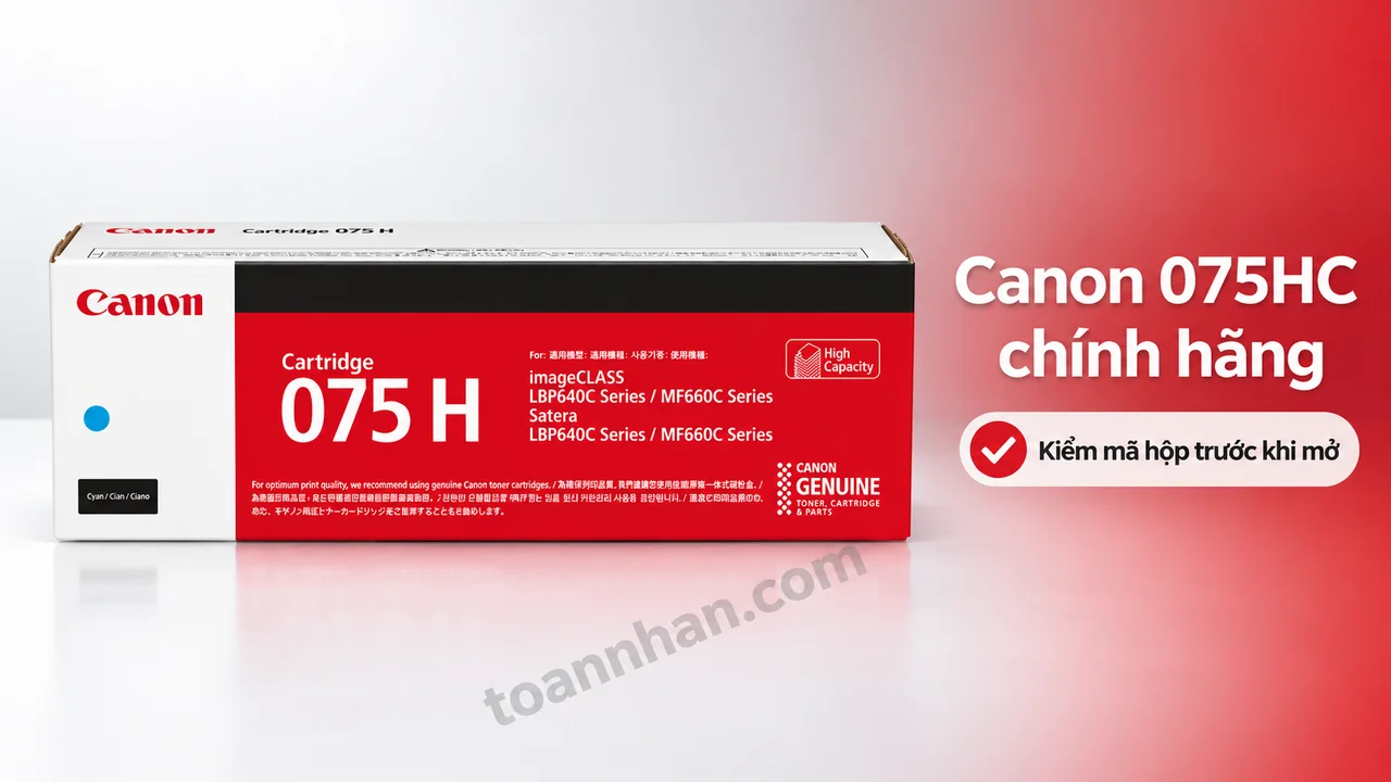 Hộp mực Canon Cartridge 075 H màu xanh Cyan chính hãng, nhãn và dấu màu trên vỏ hộp