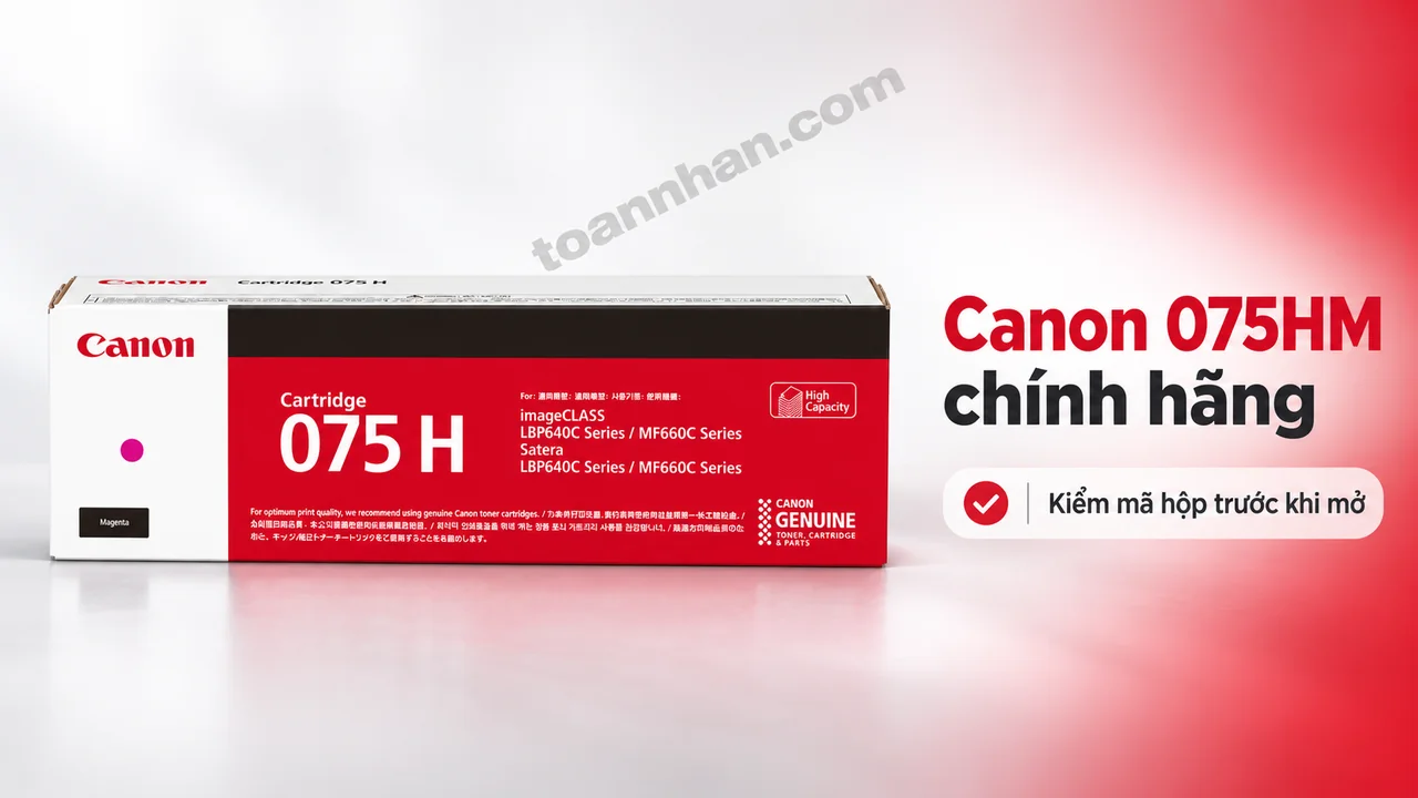 Hộp mực Canon Cartridge 075 H màu hồng Magenta chính hãng, nhãn và dấu màu trên vỏ hộp