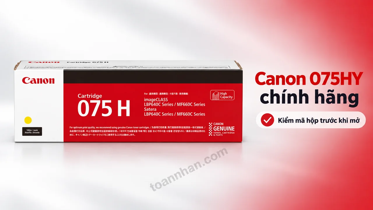 Hộp mực Canon Cartridge 075 H màu vàng Yellow chính hãng, nhãn và dấu màu trên vỏ hộp