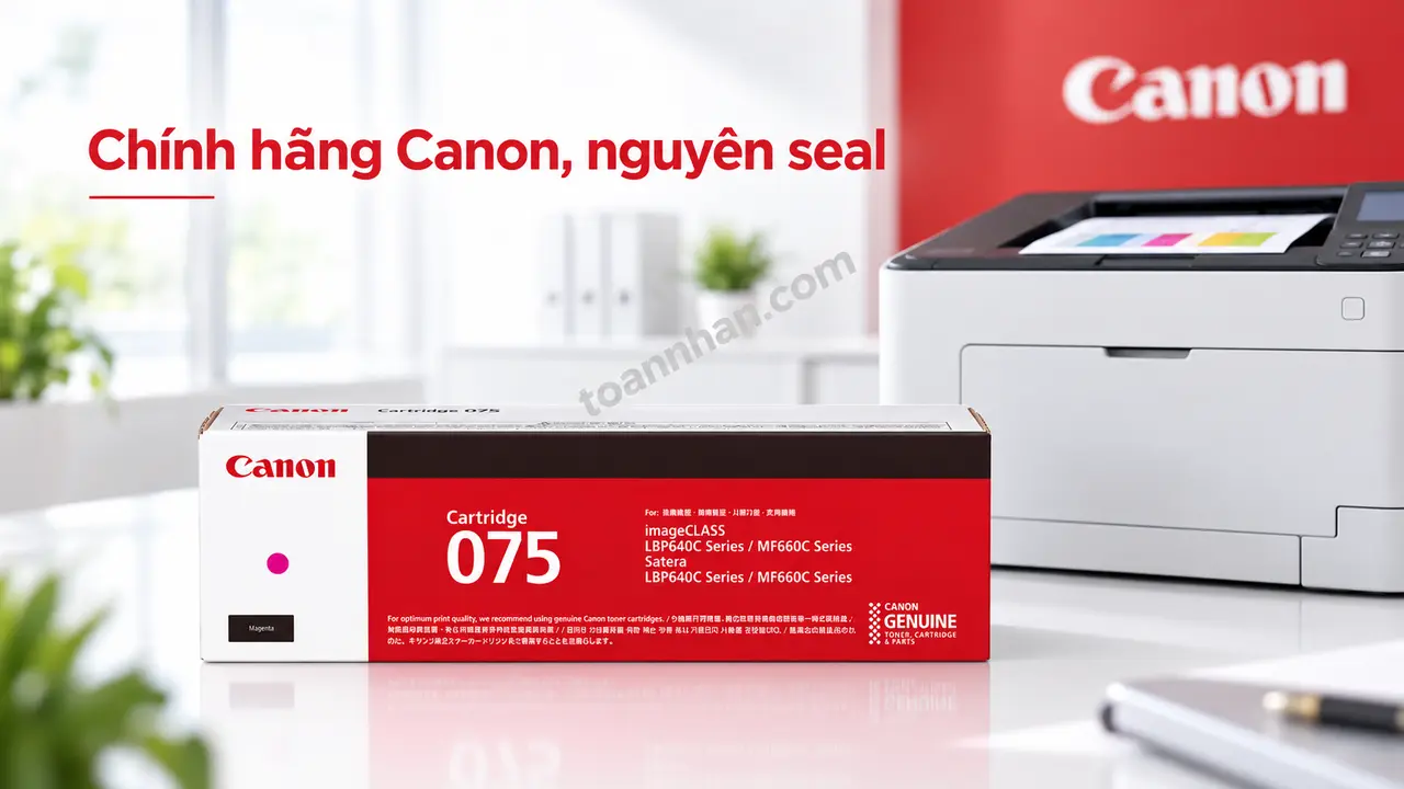 Hộp mực Canon 075M chính hãng màu hồng nguyên seal cạnh máy in tương thích