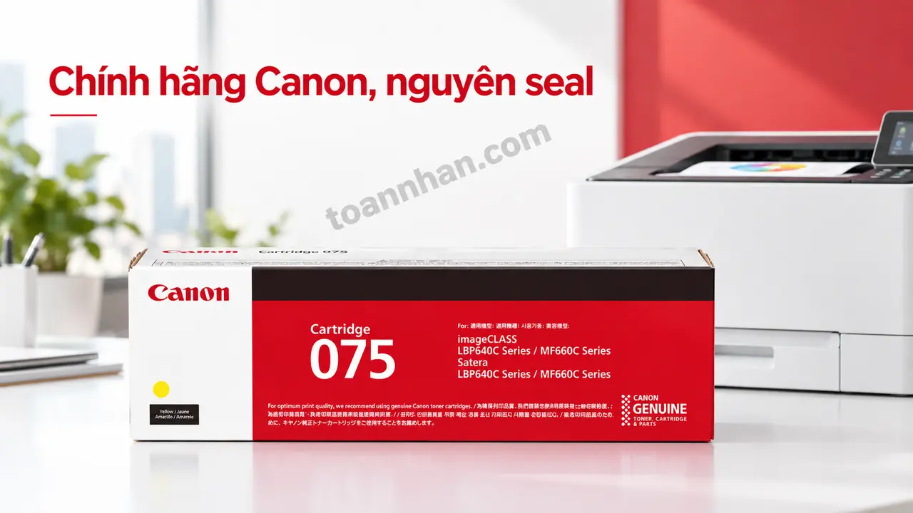 Hộp mực Canon 075Y chính hãng màu vàng nguyên seal cạnh máy in tương thích