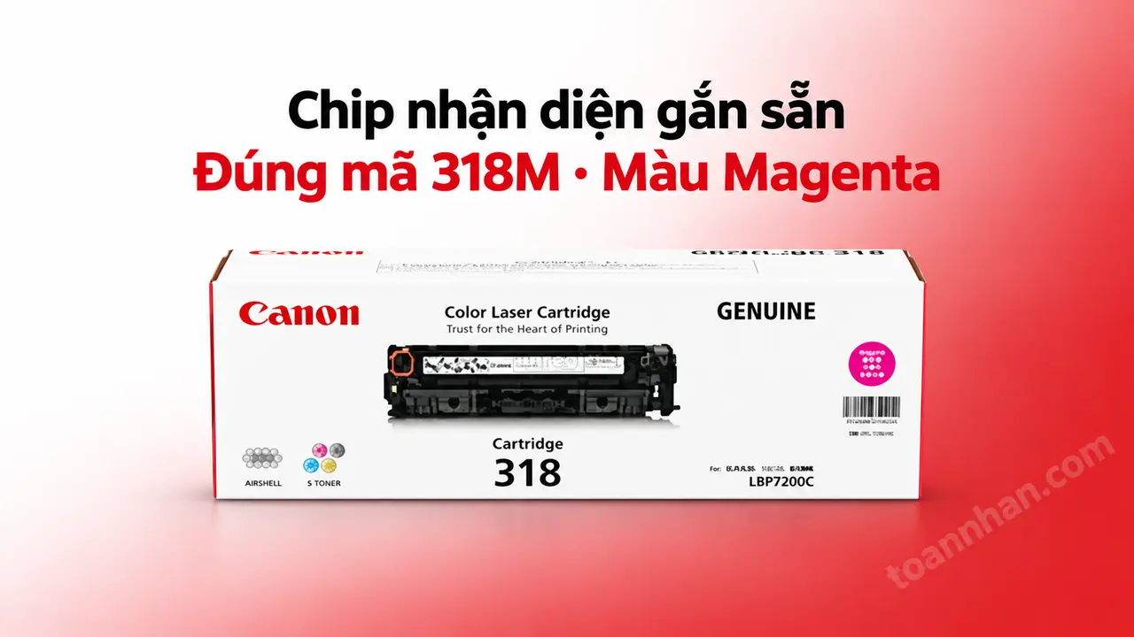 Hộp mực Canon 318M chính hãng màu Magenta có chip nhận diện gắn sẵn