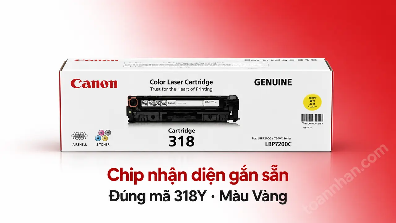 Hộp mực Canon 318Y chính hãng màu Vàng có chip nhận diện gắn sẵn