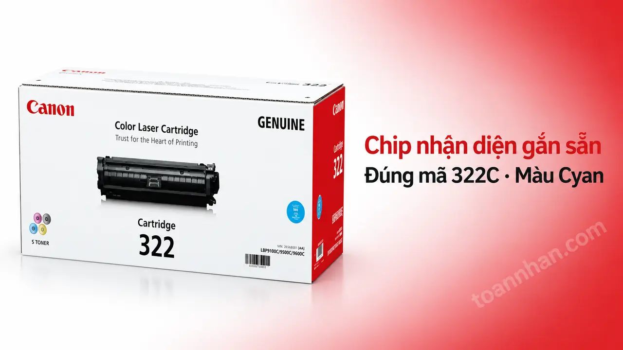 Hộp mực Canon 322C chính hãng màu Cyan có chip nhận diện gắn sẵn