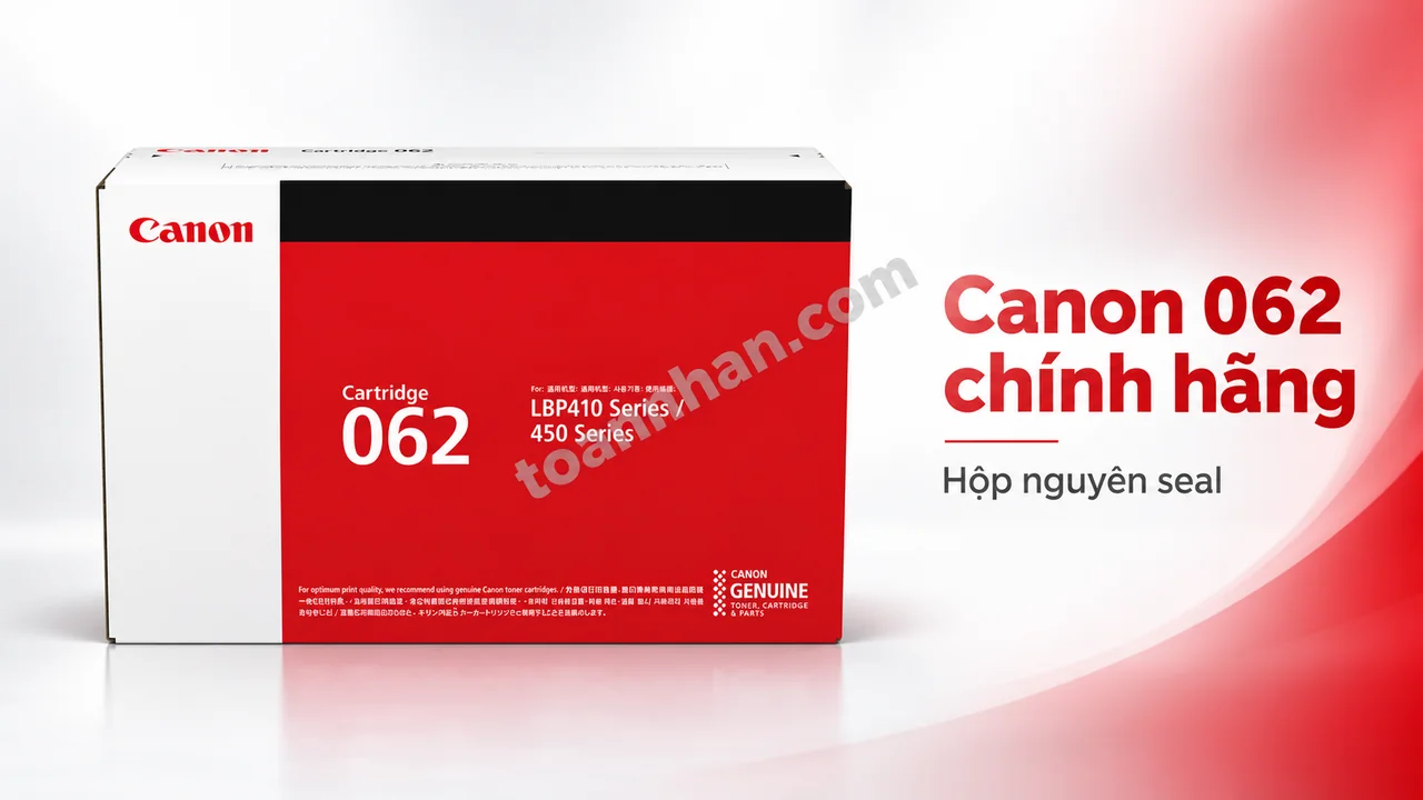 Hộp mực Canon 062 chính hãng còn nguyên hộp, thể hiện mã 062 trên vỏ