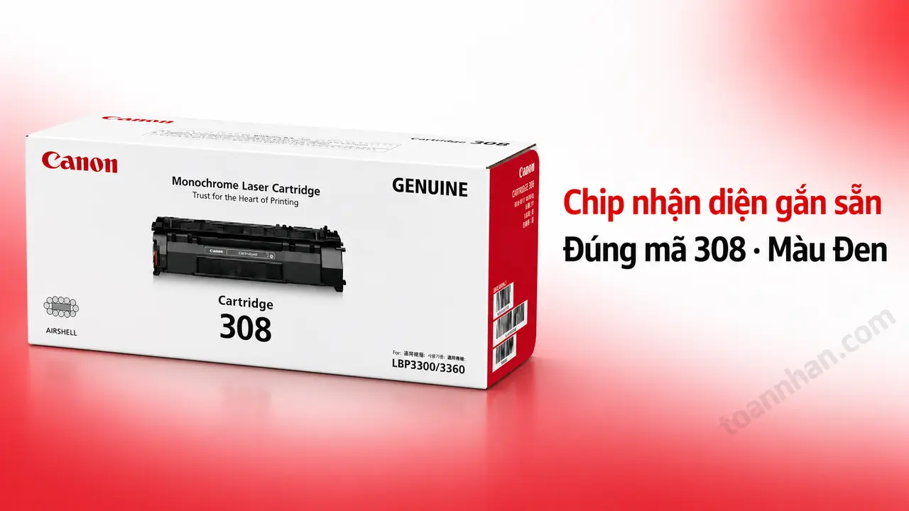 Hộp mực Canon 308 chính hãng màu Đen có chip nhận diện gắn sẵn