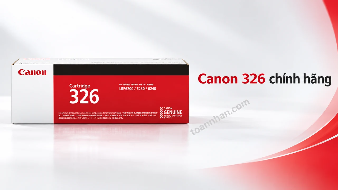 Hộp mực Canon 326 chính hãng trong bao bì Canon trên nền trắng đỏ