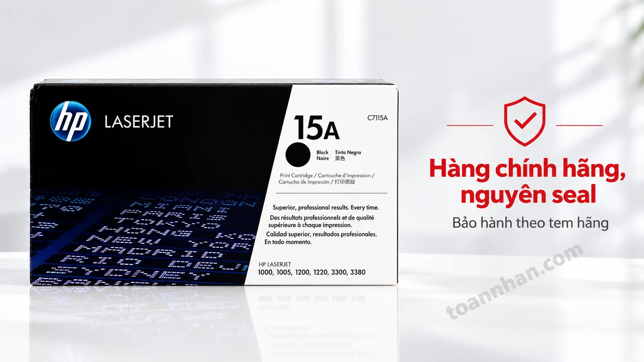 Hộp mực HP LaserJet 15A mã C7115A nguyên hộp cạnh biểu tượng bảo hành theo tem