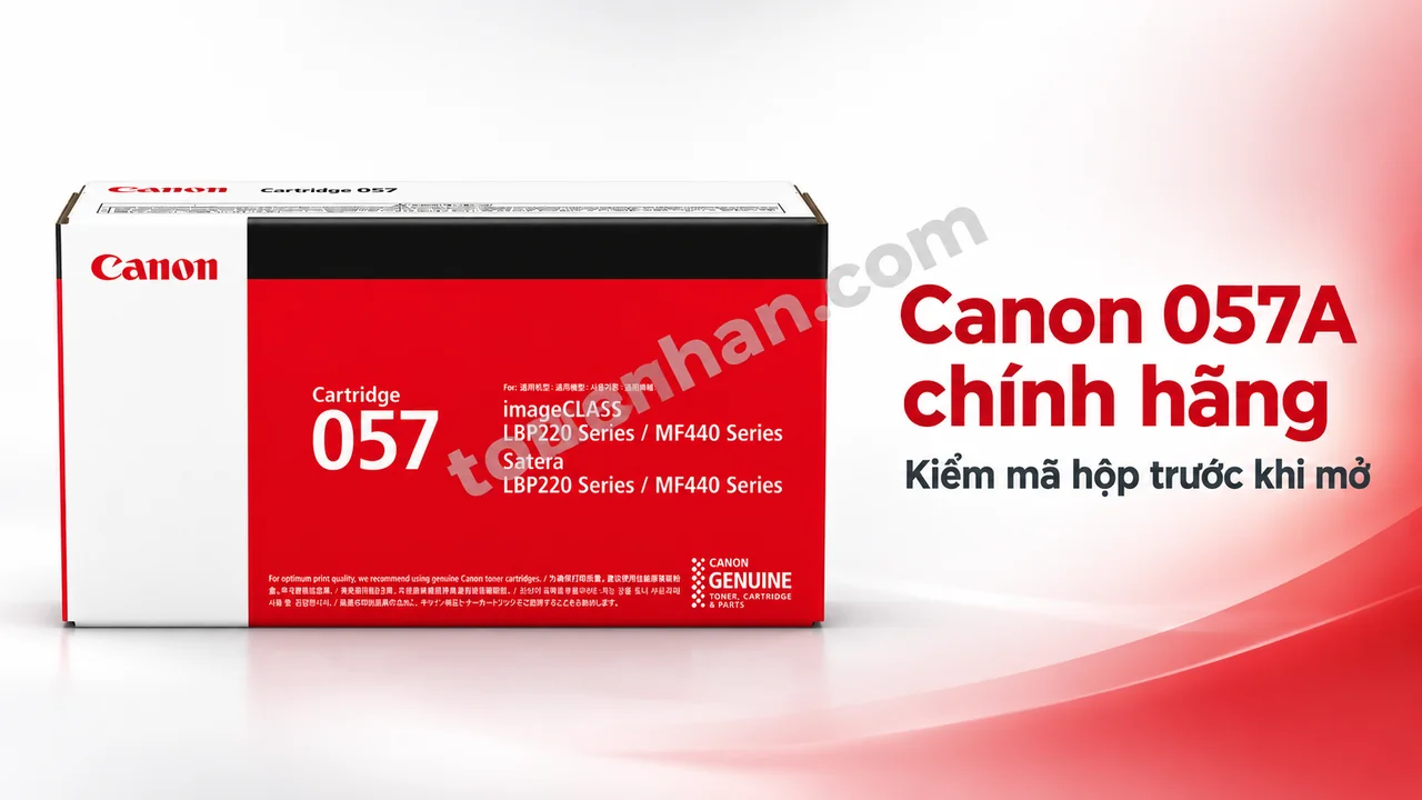 Hộp mực Canon 057 chính hãng còn nguyên hộp, mã in trên vỏ để đối chiếu trước khi mở
