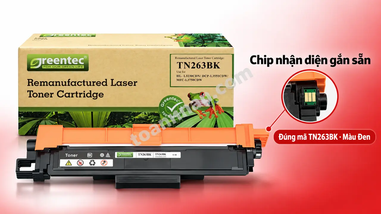 Hộp mực Greentech Brother TN263BK màu đen có chip nhận diện gắn sẵn