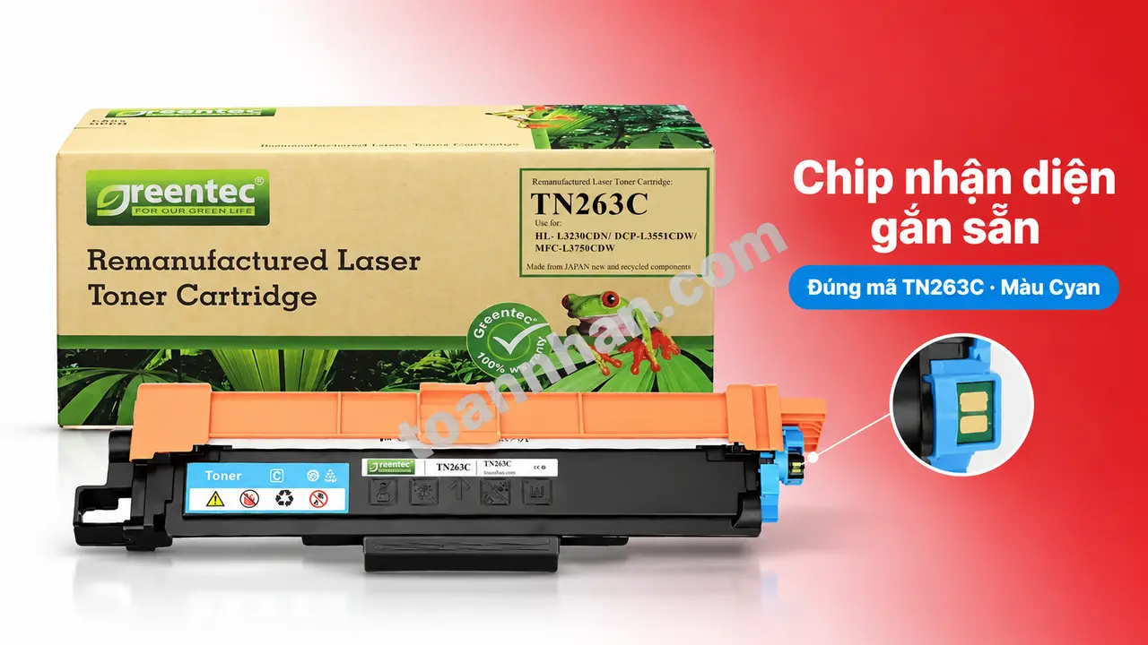 Hộp mực Greentech Brother TN263C màu cyan có chip nhận diện gắn sẵn