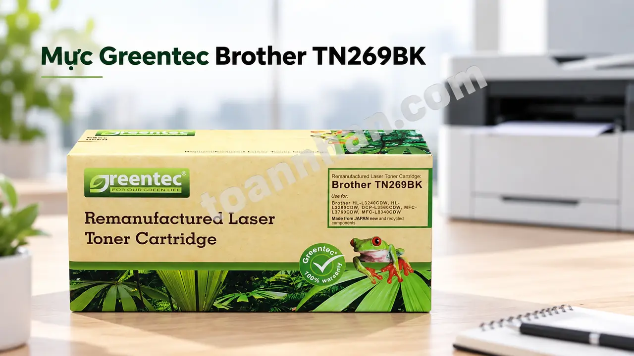 Hộp mực Greentec Brother TN269BK nguyên hộp cạnh máy in laser