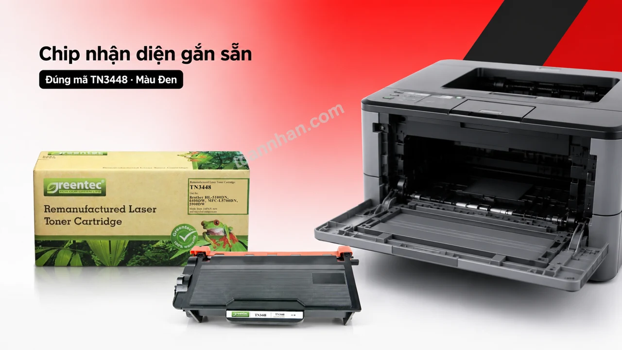 Hộp mực Greentech Brother TN3448 màu Đen có chip nhận diện cạnh máy in tương thích