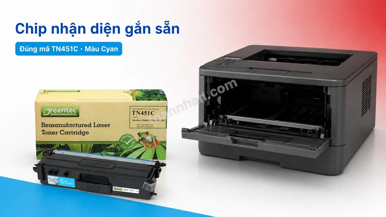 Hộp mực Greentech Brother TN451C màu Cyan có chip nhận diện cạnh máy in tương thích