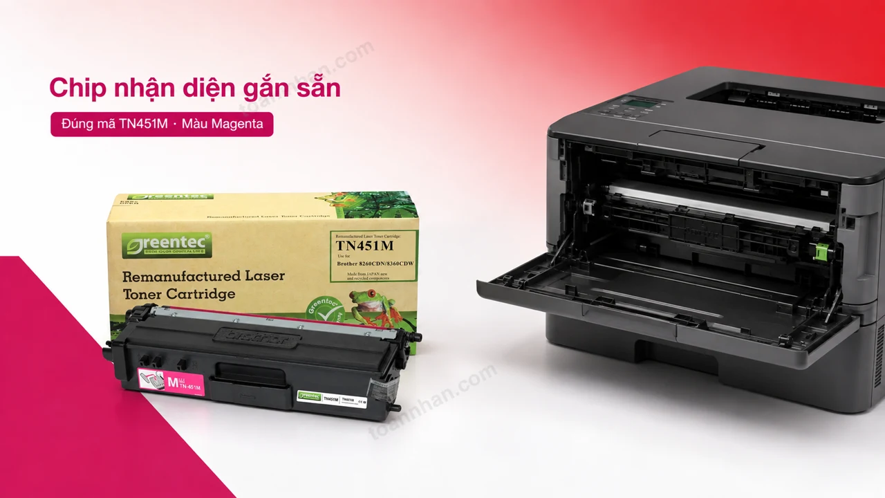 Hộp mực Greentech Brother TN451M màu Magenta có chip nhận diện cạnh máy in tương thích