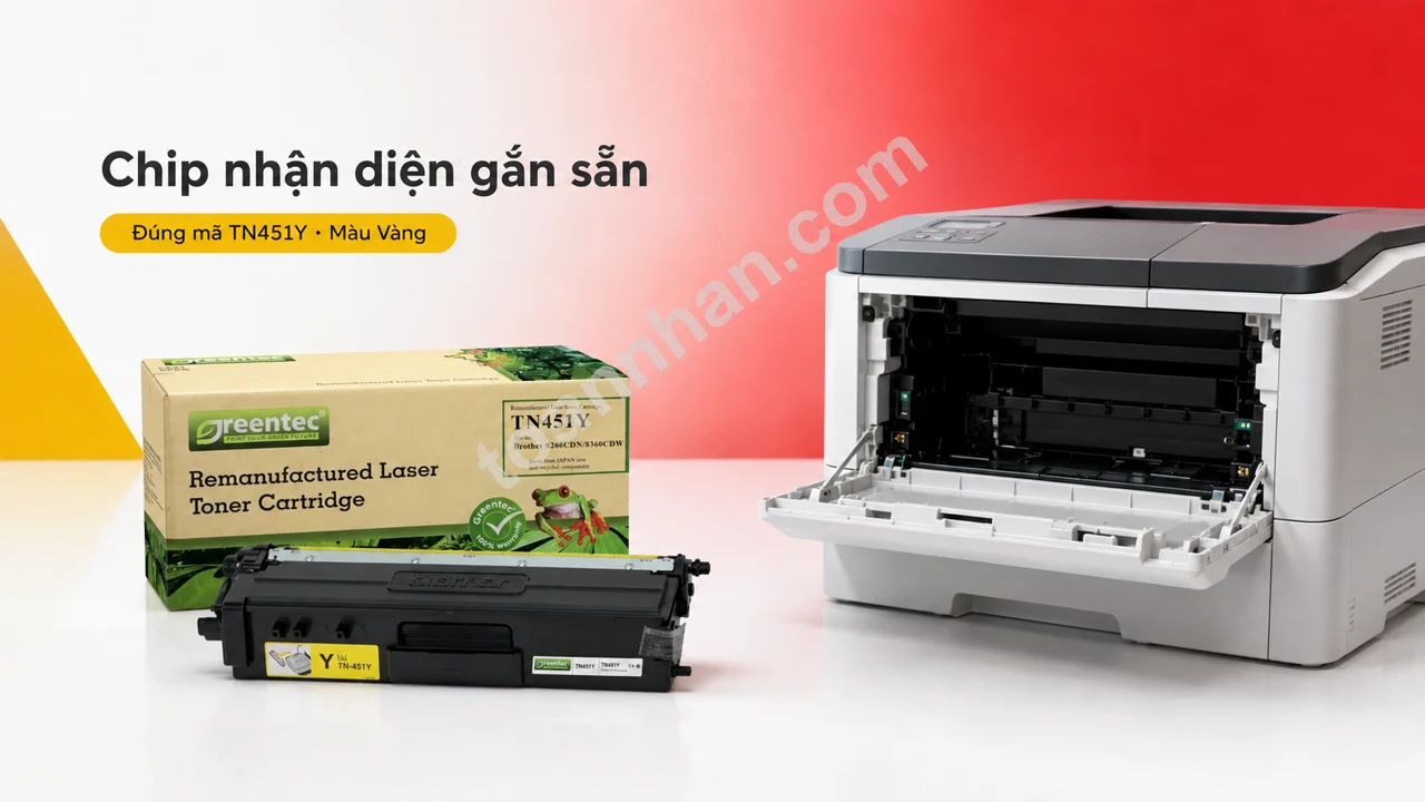Hộp mực Greentech Brother TN451Y màu Vàng có chip nhận diện cạnh máy in tương thích