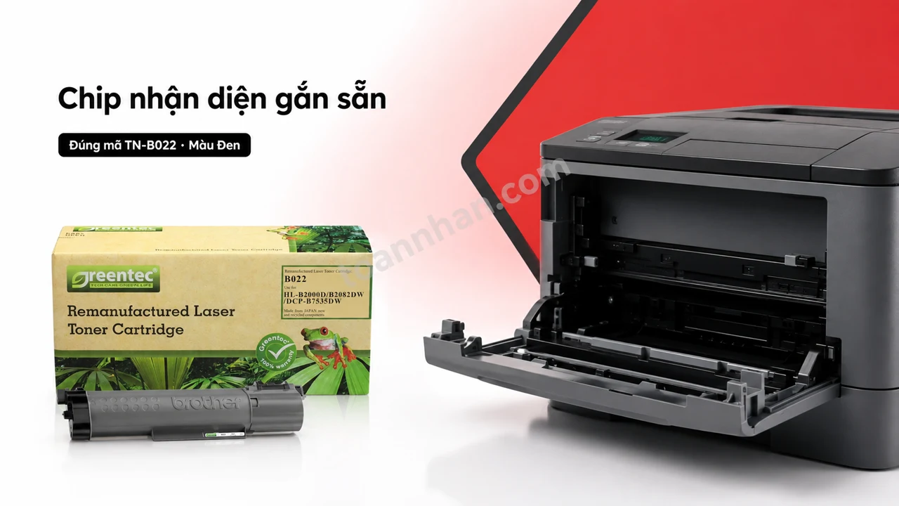 Hộp mực Greentech Brother TNB022 màu Đen có chip nhận diện cạnh máy in tương thích