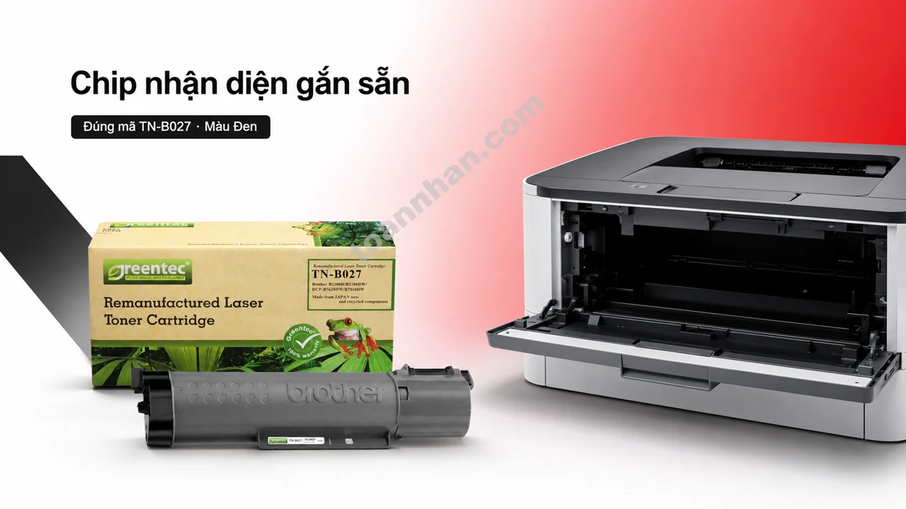 Hộp mực Greentech Brother TNB027 màu Đen có chip nhận diện cạnh máy in tương thích