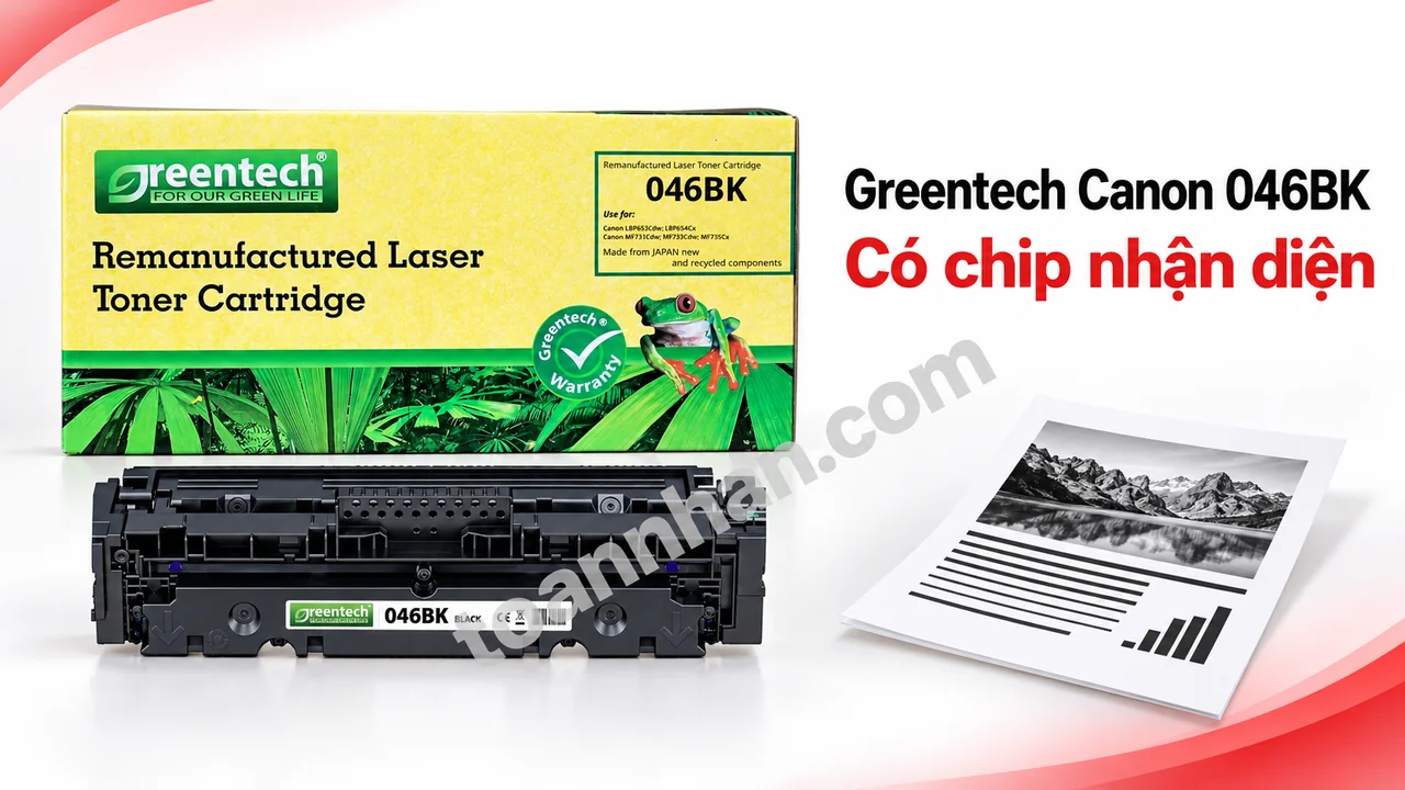 Hộp và cartridge mực Greentech Canon 046BK màu đen cạnh bản in, nhãn mã trên hộp mực