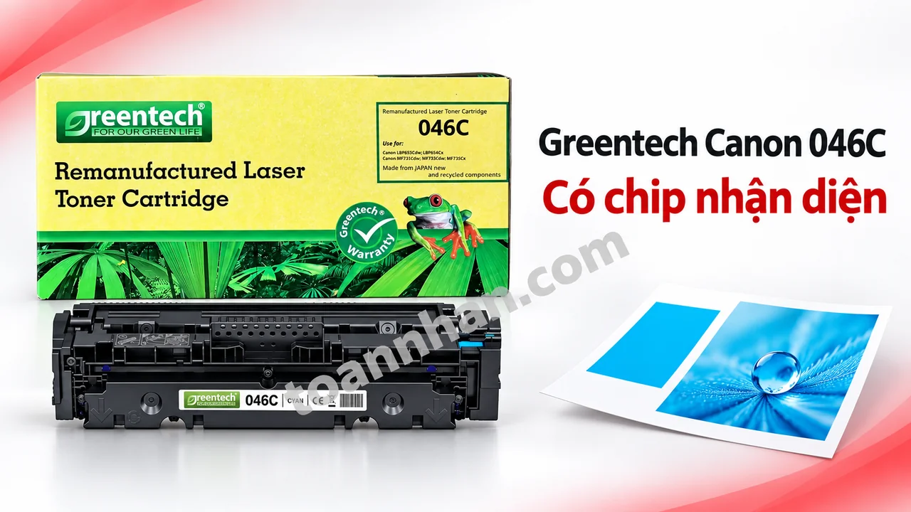 Hộp và cartridge mực Greentech Canon 046C màu xanh Cyan cạnh bản in, nhãn mã trên hộp mực