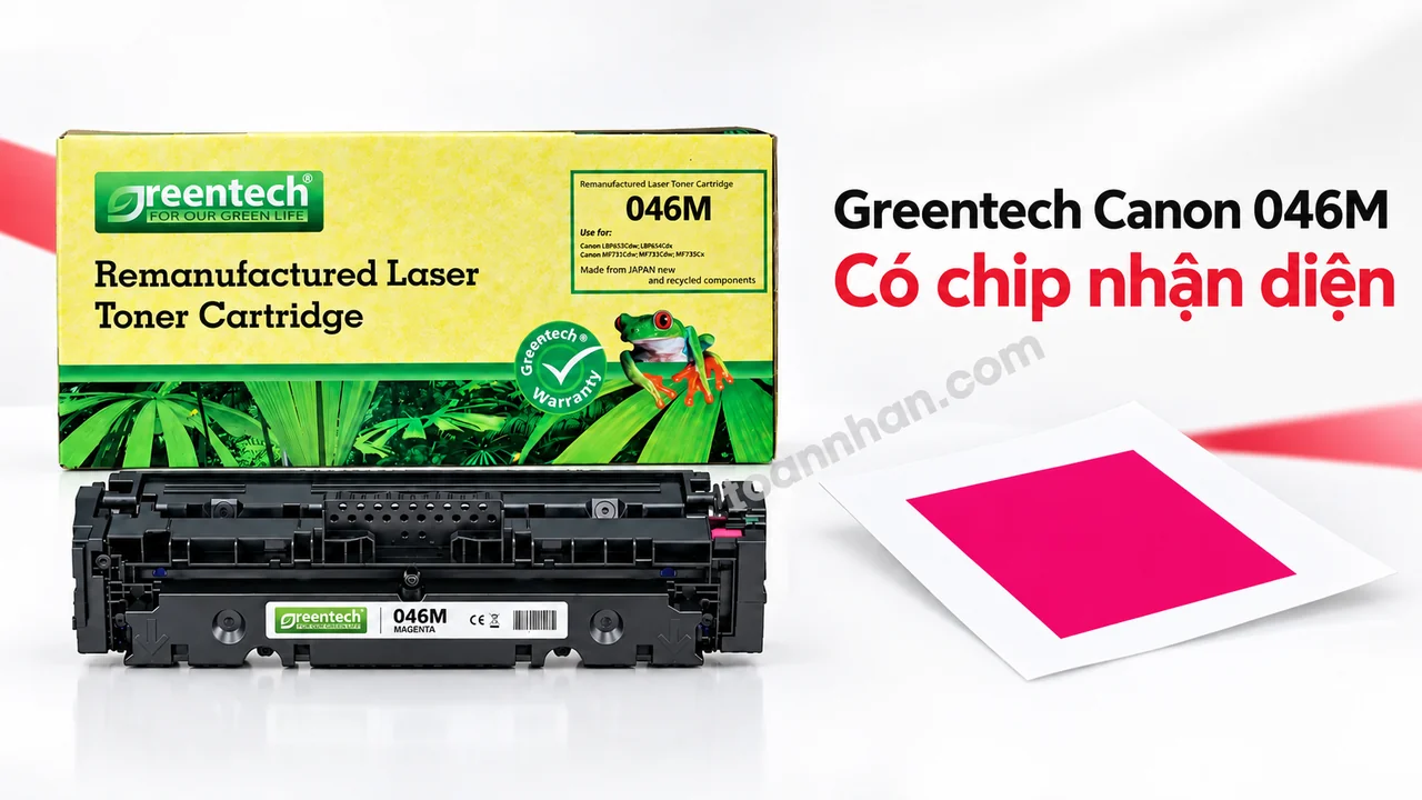 Hộp và cartridge mực Greentech Canon 046M màu hồng Magenta cạnh bản in màu đều, nhãn mã trên hộp mực