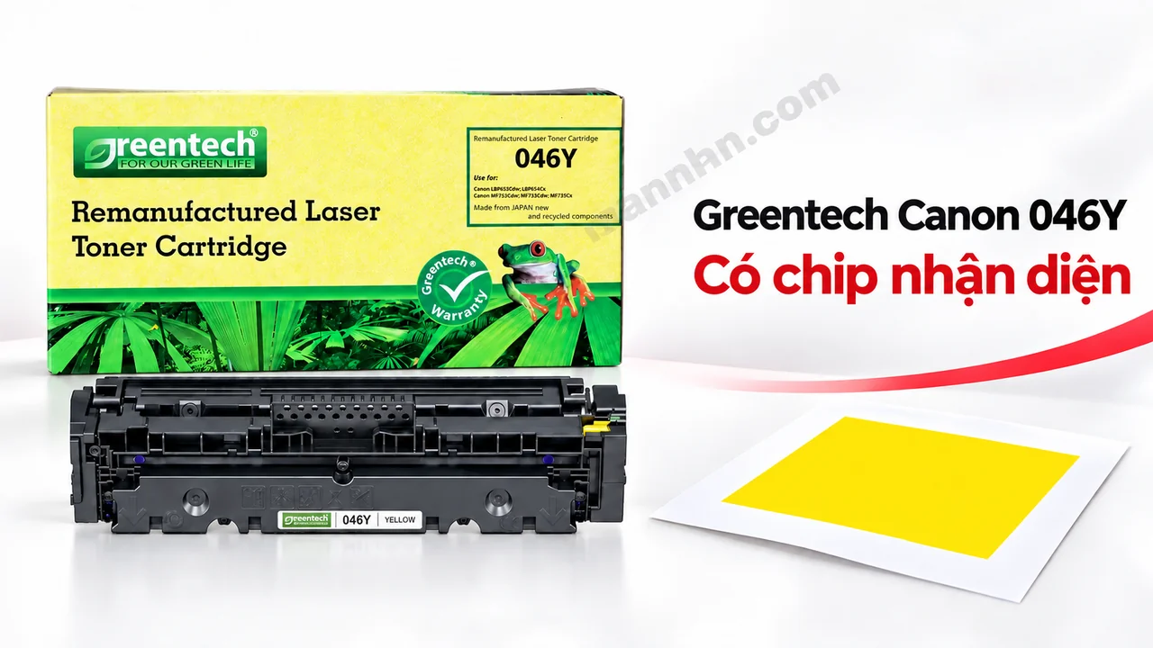 Hộp và cartridge mực Greentech Canon 046Y màu vàng Yellow cạnh bản in màu đều, nhãn mã trên hộp mực