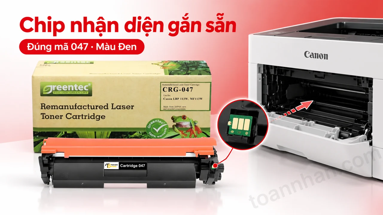 Hộp mực Greentec Canon 047 màu Đen có chip nhận diện cạnh máy in tương thích