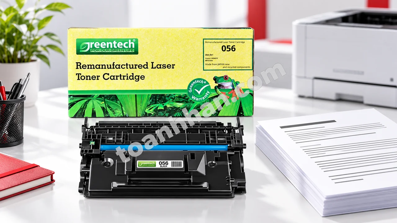 Hộp và cartridge Greentech Canon 056 bên bản in đen tại bàn làm việc