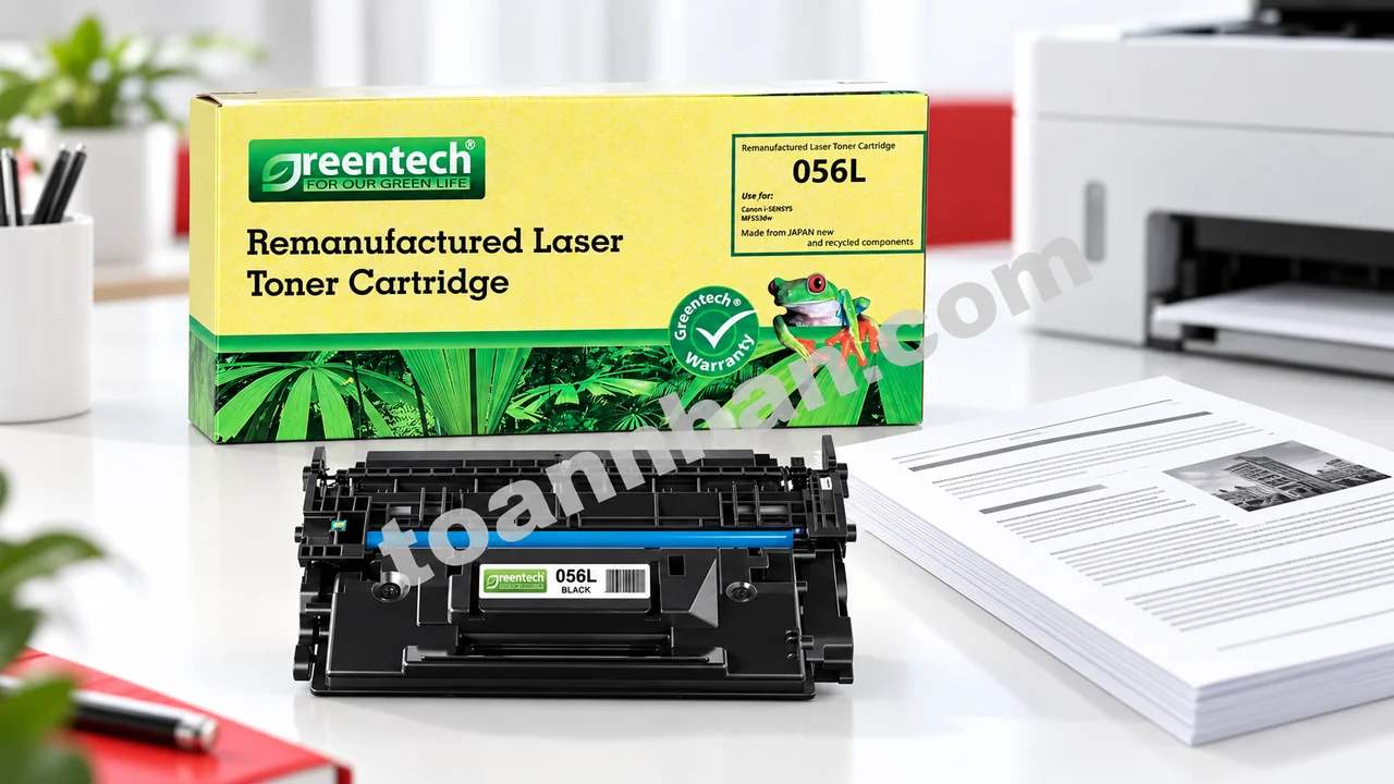 Hộp và cartridge Greentech Canon 056L cạnh bản in đen trên bàn làm việc