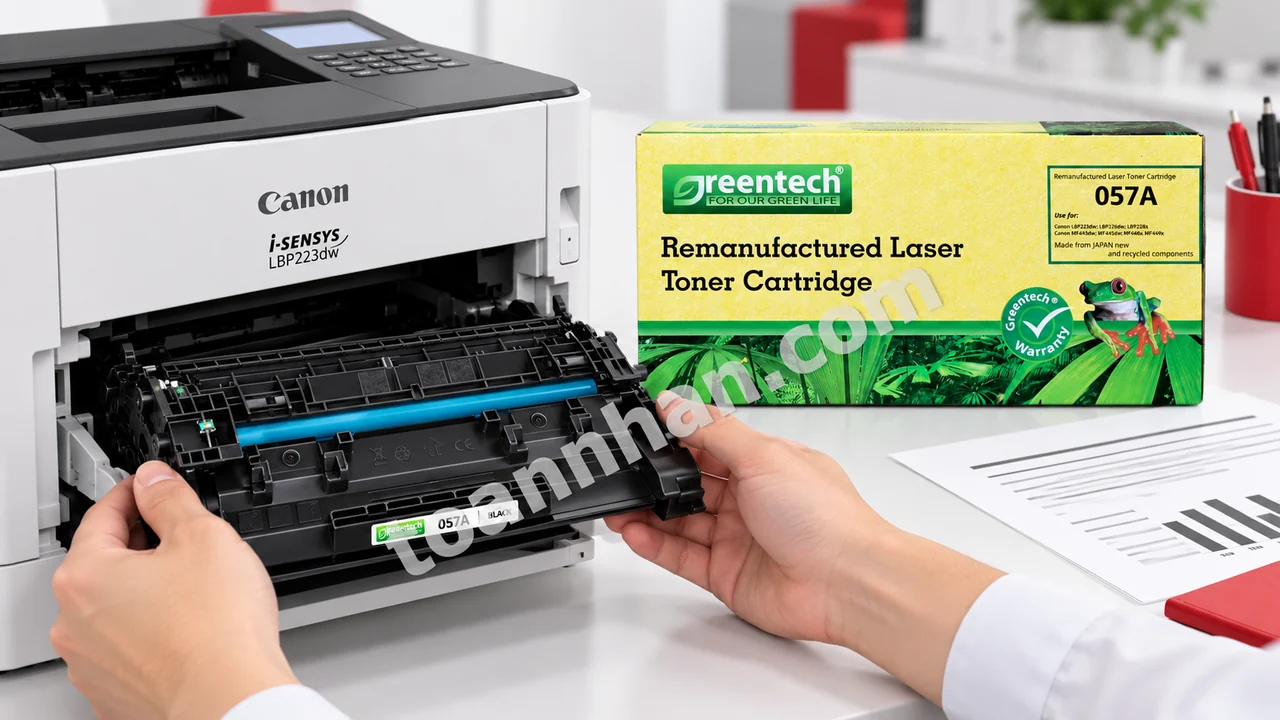 Cartridge Greentech Canon 057A đang lắp vào máy Canon i-SENSYS LBP223dw, hộp sản phẩm bên cạnh