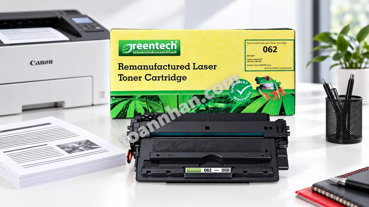 Hộp và cartridge Greentech Canon 062 cạnh bản in đen trên bàn làm việc