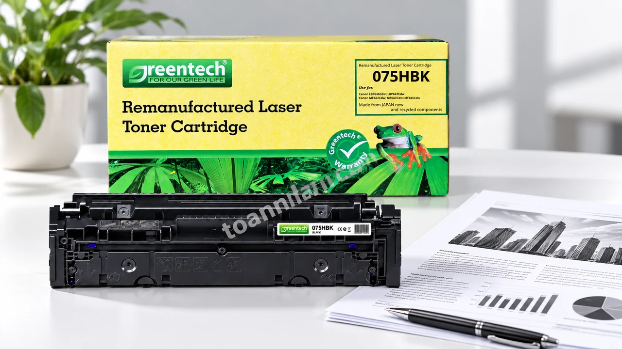 Hộp và cartridge Greentech Canon 075HBK cạnh bản in đen trên bàn làm việc