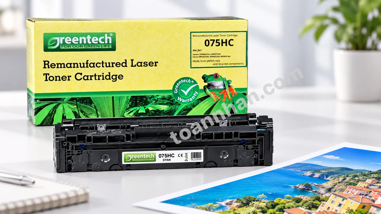 Hộp và cartridge Greentech Canon 075HC cạnh bản in màu xanh trên bàn làm việc
