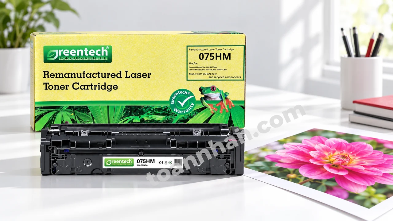 Hộp và cartridge Greentech Canon 075HM cạnh bản in màu hồng trên bàn làm việc
