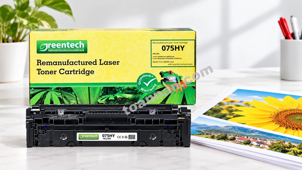 Hộp và cartridge Greentech Canon 075HY cạnh bản in màu vàng trên bàn làm việc