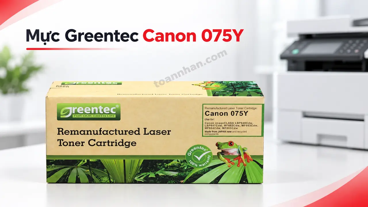 Hộp mực Greentec Canon 075Y nguyên hộp cạnh máy in laser