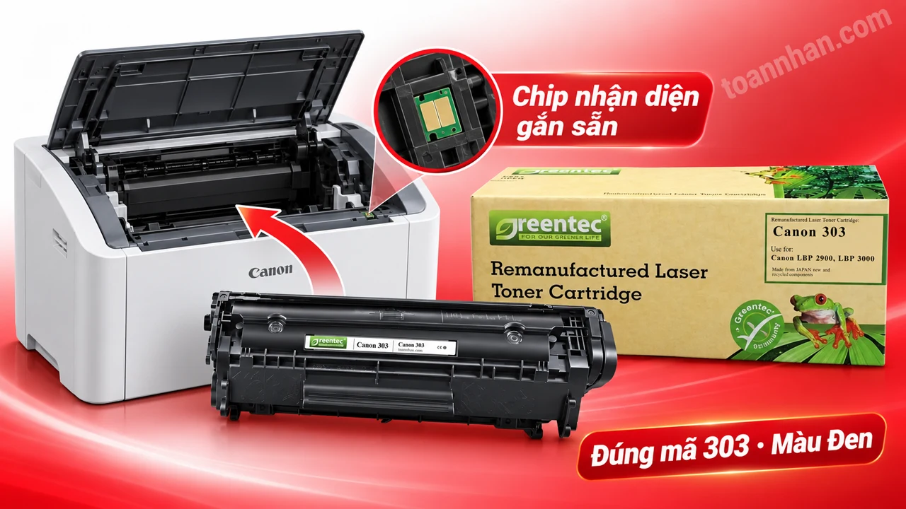 Hộp mực Greentec Canon 303 màu Đen có chip nhận diện cạnh máy in tương thích