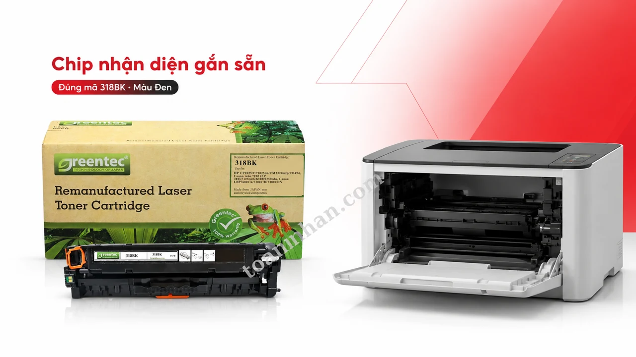 Hộp mực Greentech Canon 318BK màu Đen có chip nhận diện cạnh máy in tương thích