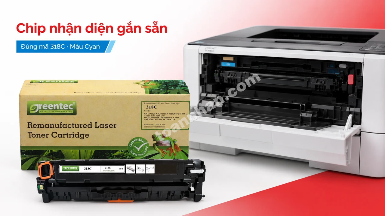 Hộp mực Greentech Canon 318C màu Cyan có chip nhận diện cạnh máy in tương thích